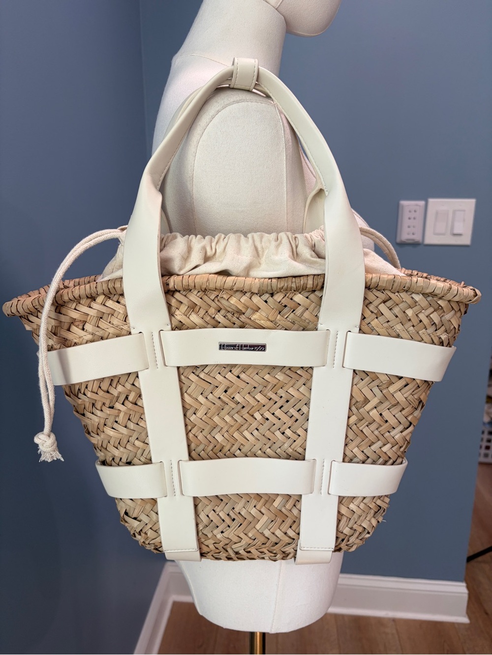 House of Harlow 1960 Woven Straw Basket Tote Cream Vegan Leather Drawstring